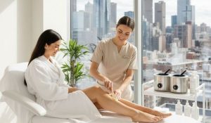 Professional aesthetician performing a leg treatment for a client